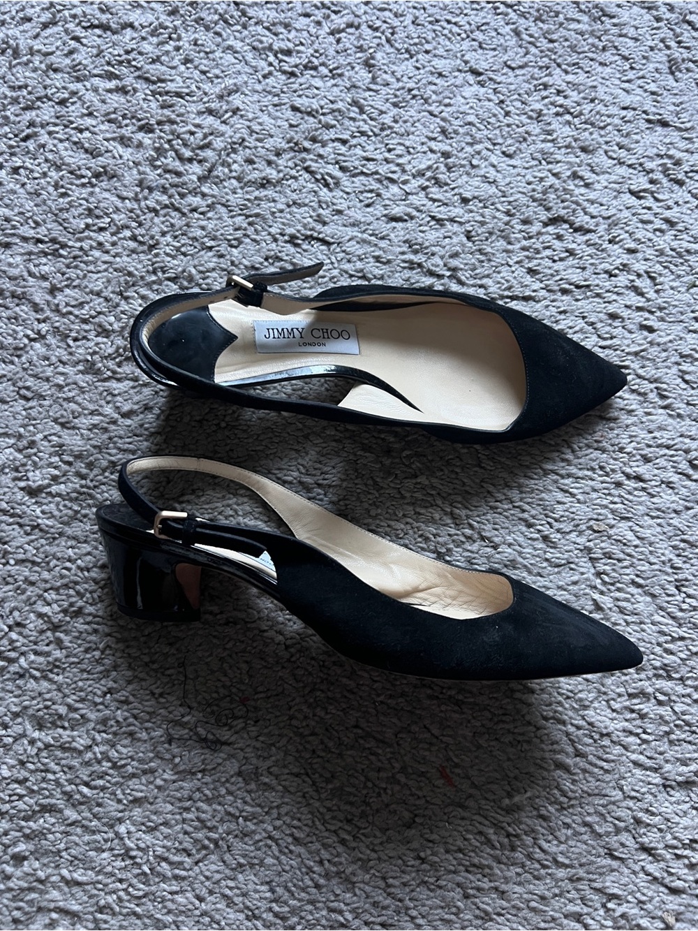 $675 Jimmy Choo Black Suede Patent Block Heel Slingback Pump size 7.5/38